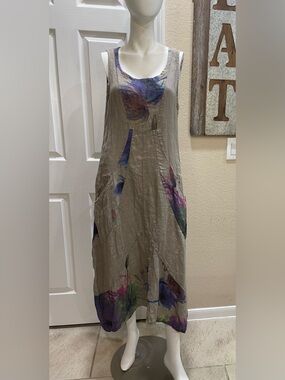 Colette Italy Linen Abstract Floral Lagenlook Maxi Dress One Size - NWT